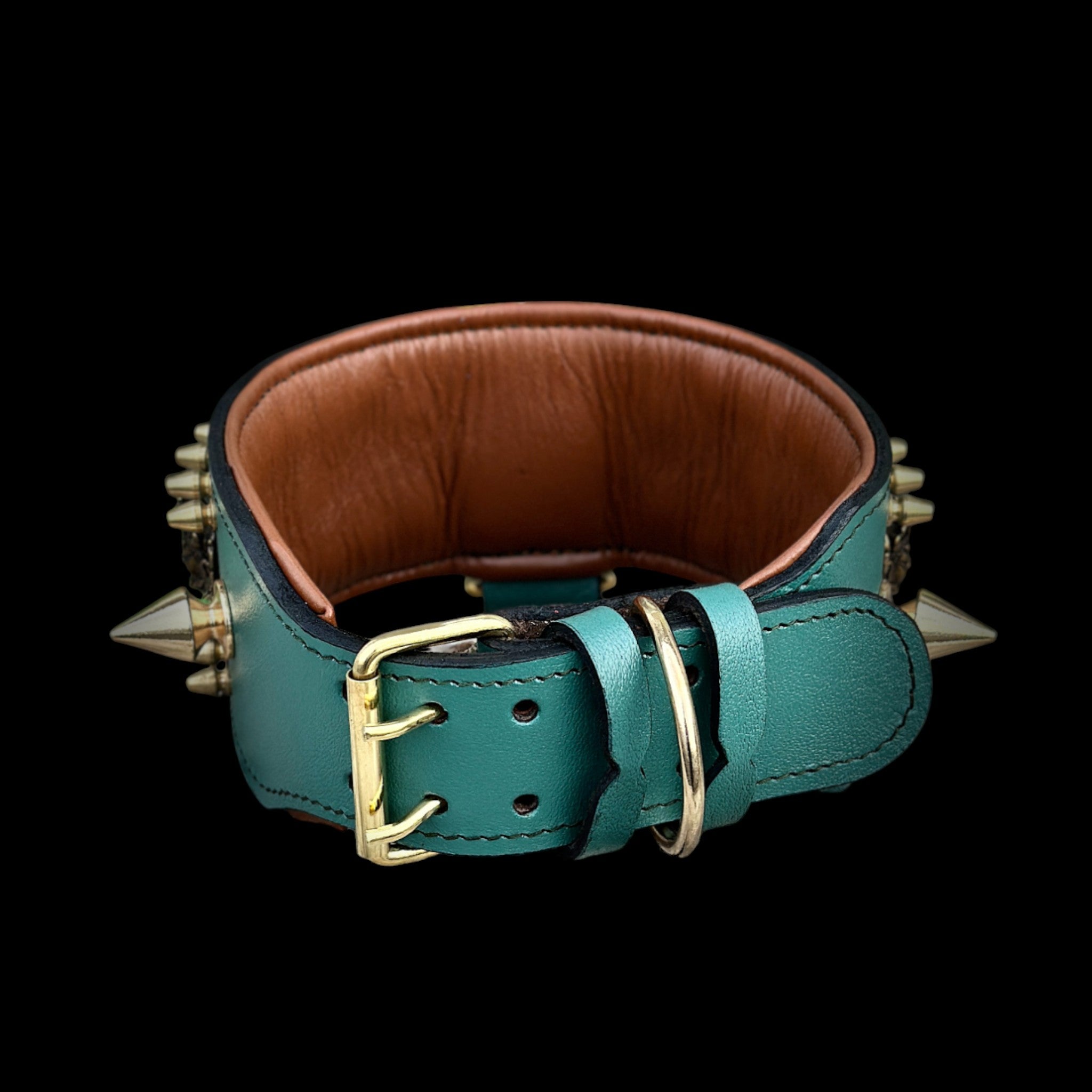 Handcrafted Green Leather Dog Collar – Lion Head Design with Gold Spikes - A&C Dog Collars