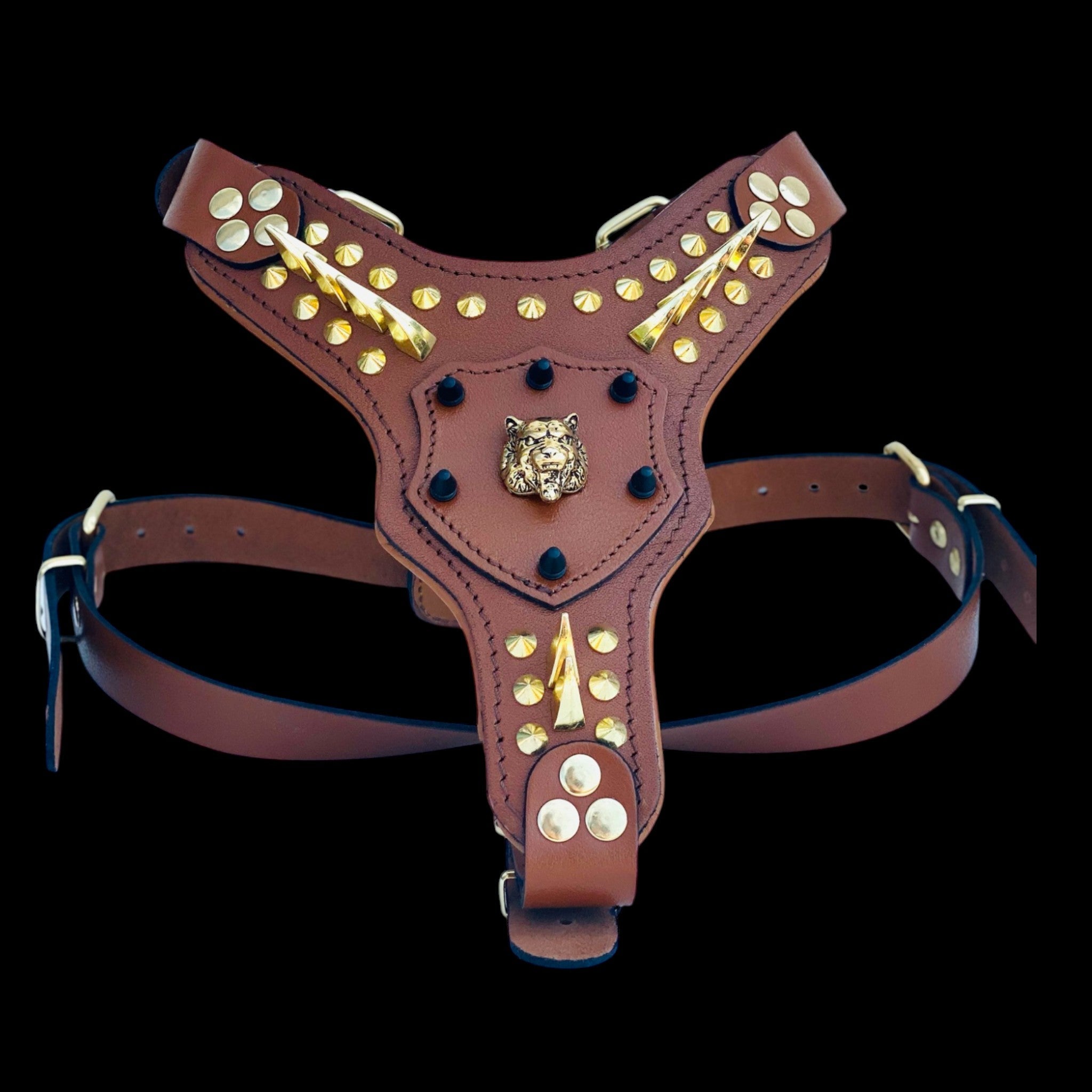 Handmade spiked leather dog harness with gold lion logo for American Bully