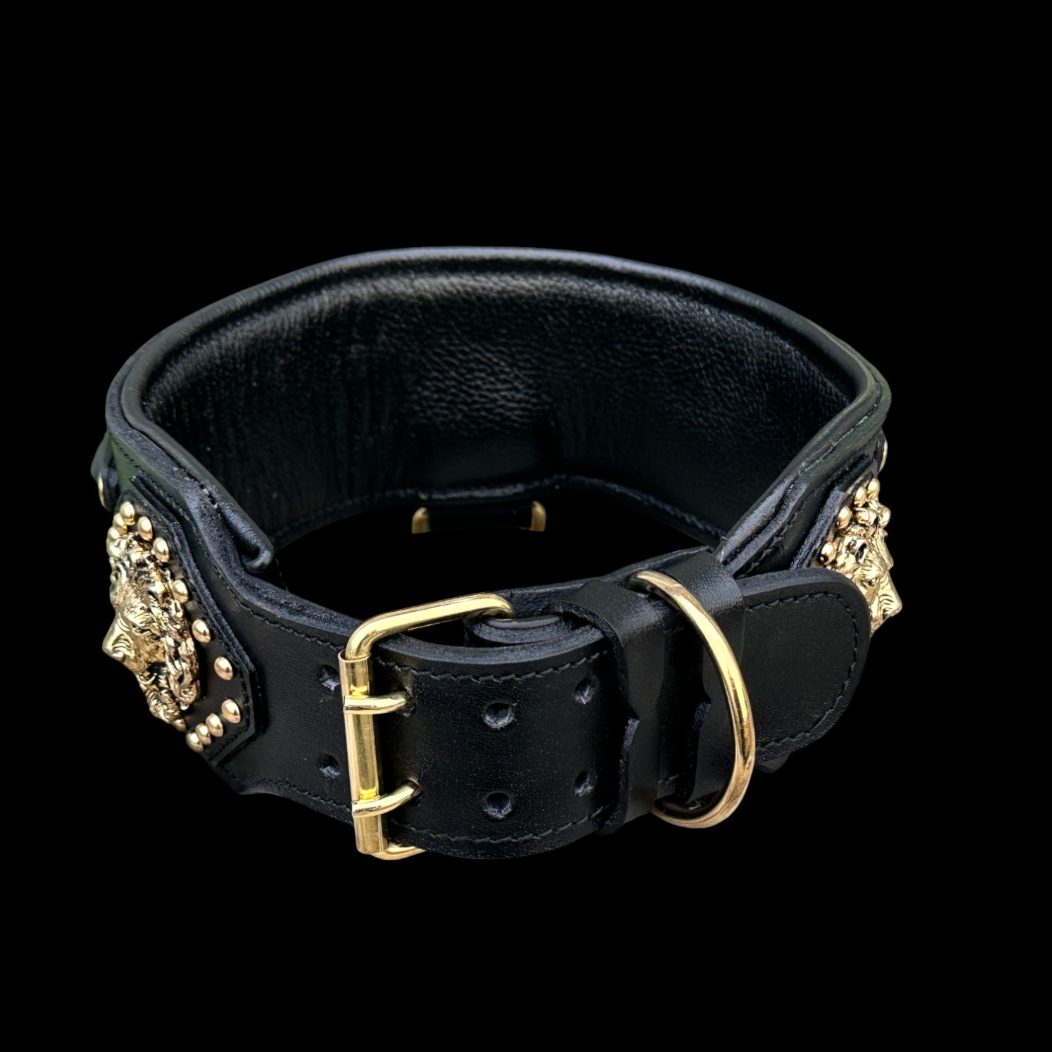 Handcrafted Black Leather Dog Collar – Lion Head Design with Gold Chains, Wide Strong Collar for Cane Corso, Rottweiler, Doberman, Kangal, American Bully - A&C Dog Collars