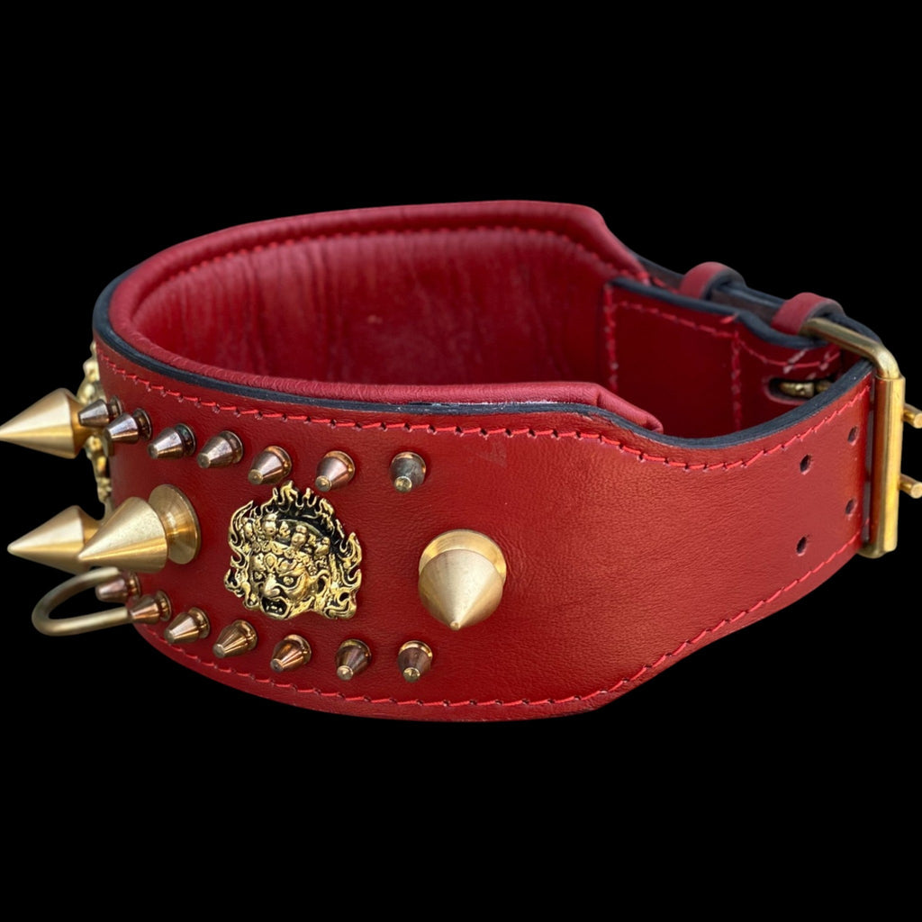 Handcrafted Red Leather Dog Collar – Lion Head Design with Gold Spikes, Wide Strong Collar for Cane Corso, Rottweiler, Doberman, Kangal, American Bully - A&C Dog Collars