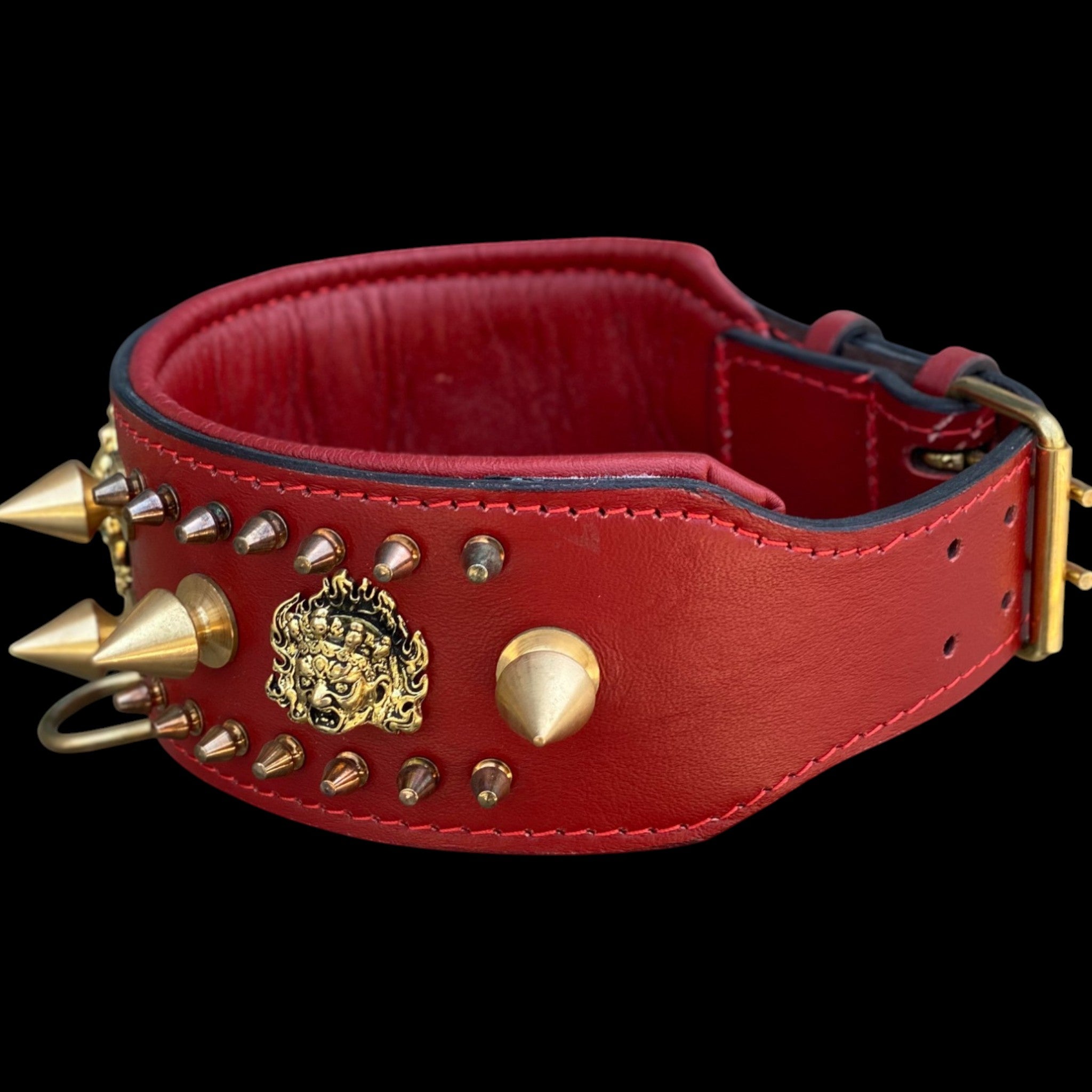 Handcrafted Red Leather Dog Collar – Lion Head Design with Gold Spikes, Wide Strong Collar for Cane Corso, Rottweiler, Doberman, Kangal, American Bully - A&C Dog Collars