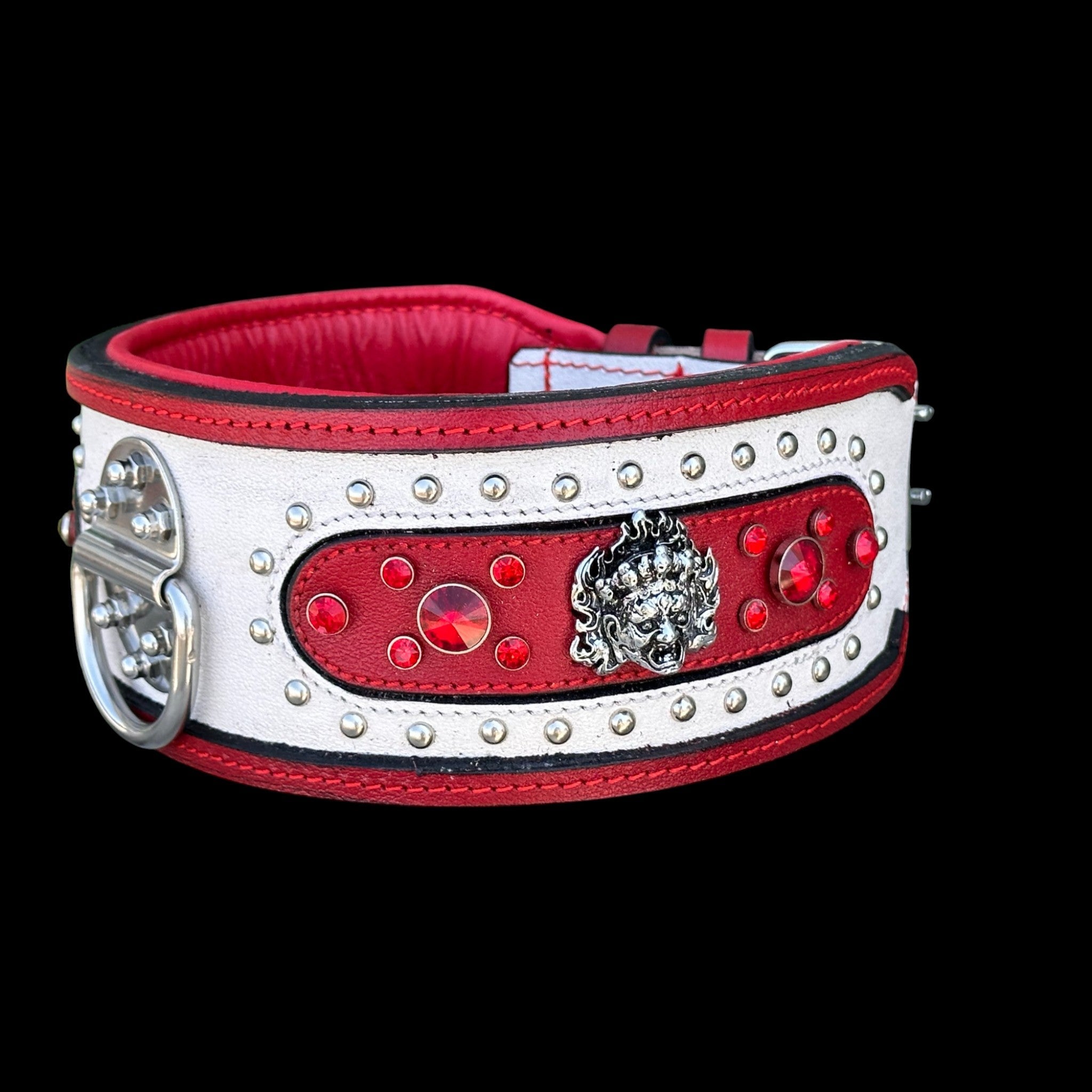 Extra Wide 3.15 Inch Handmade Dog Collar – Red & White Premium Crystal Stones - A&C Dog Collars