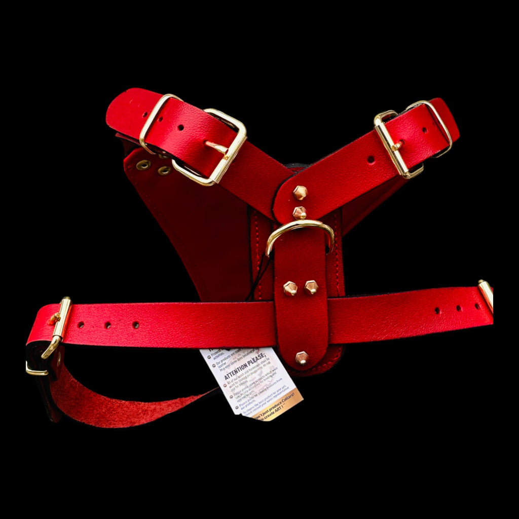 Handmade Red Leather Dog Harness with Punisher Logo - A&C Dog Collars