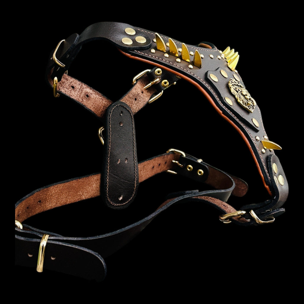 LionHeart™ Imperial – Gold Lion Emblem Buffalo Leather Dog Harness - A&C Dog Collars