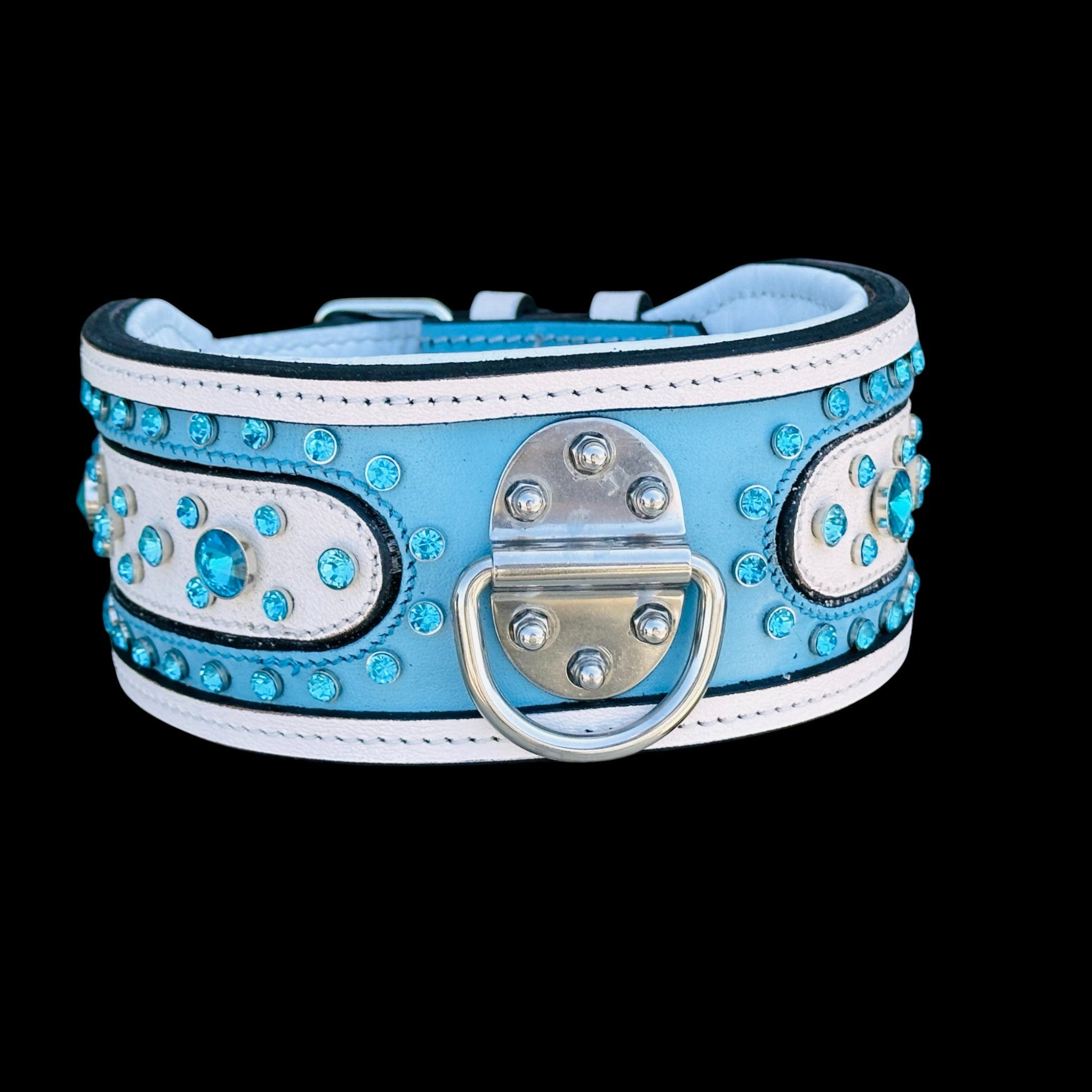 Handcrafted Turquoise Crystal Dog Collar – Wide & Thick Leather Design with Steel D-Ring for Cane Corso, Rottweiler, Doberman, Kangal, American Bully - A&C Dog Collars