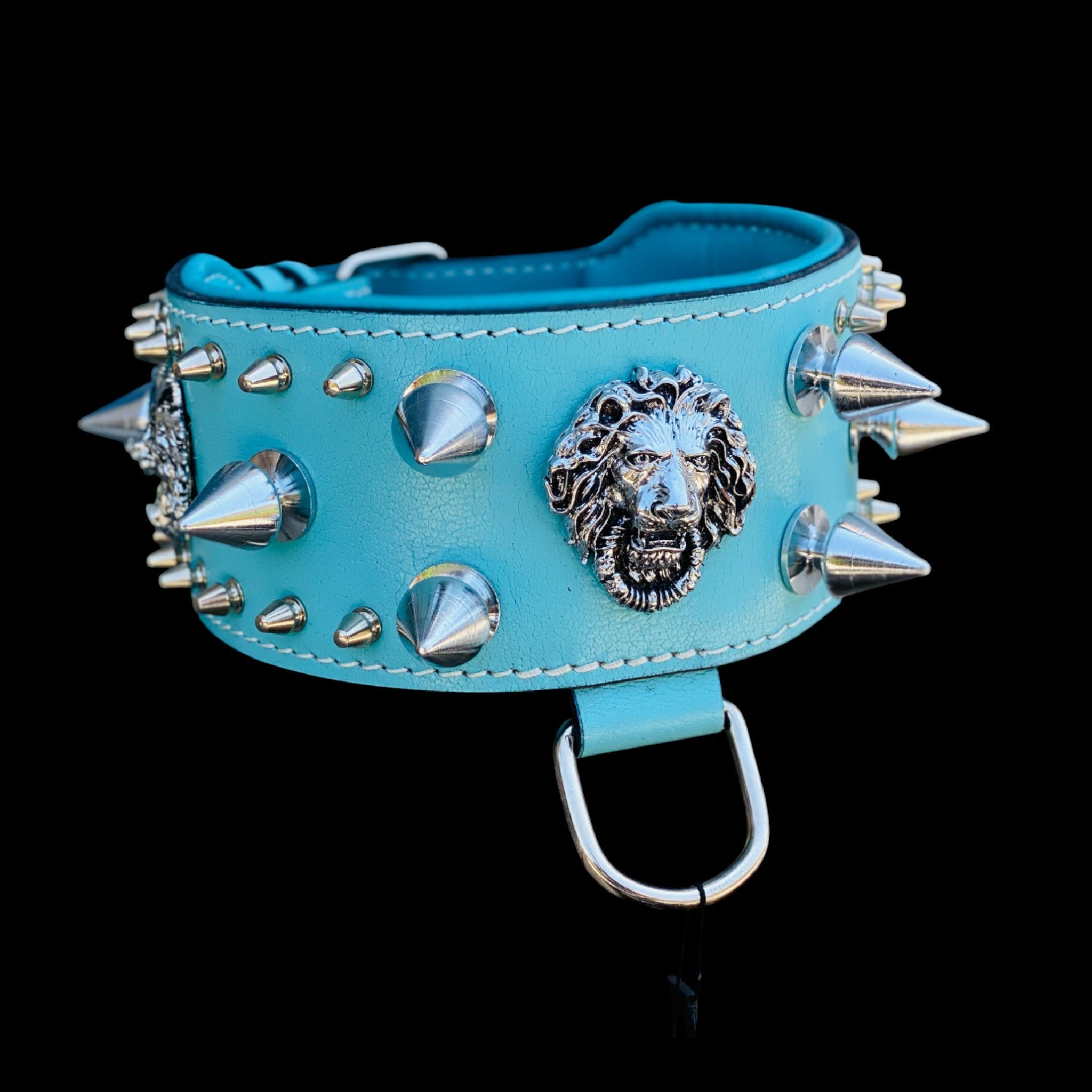 Handcrafted Turquoise Leather Dog Collar – Lion Head Design with Silver Spikes, Wide Strong Collar for Cane Corso, Rottweiler, Doberman, Kangal, American Bully - A&C Dog Collars