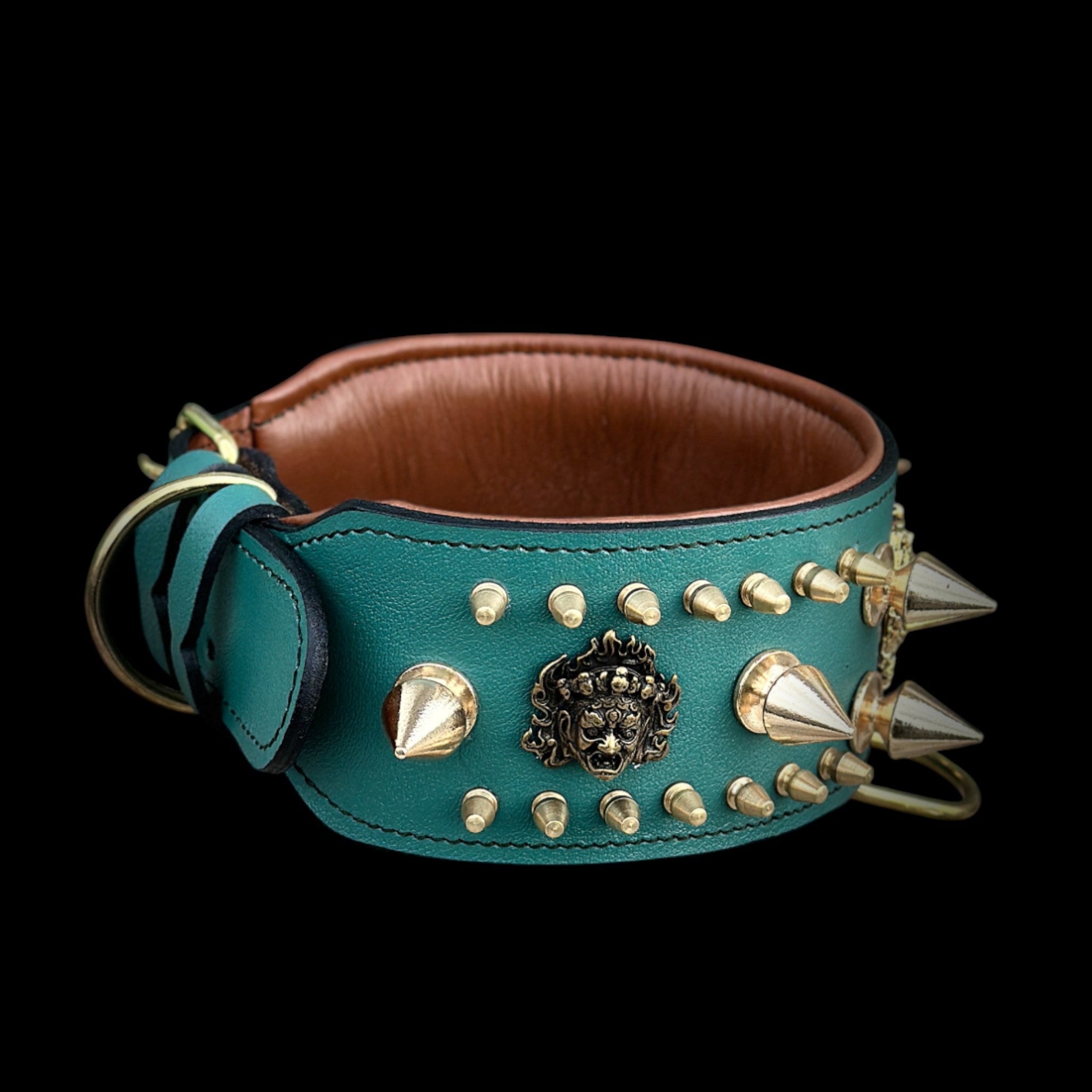 Handcrafted Green Leather Dog Collar – Lion Head Design with Gold Spikes - A&C Dog Collars