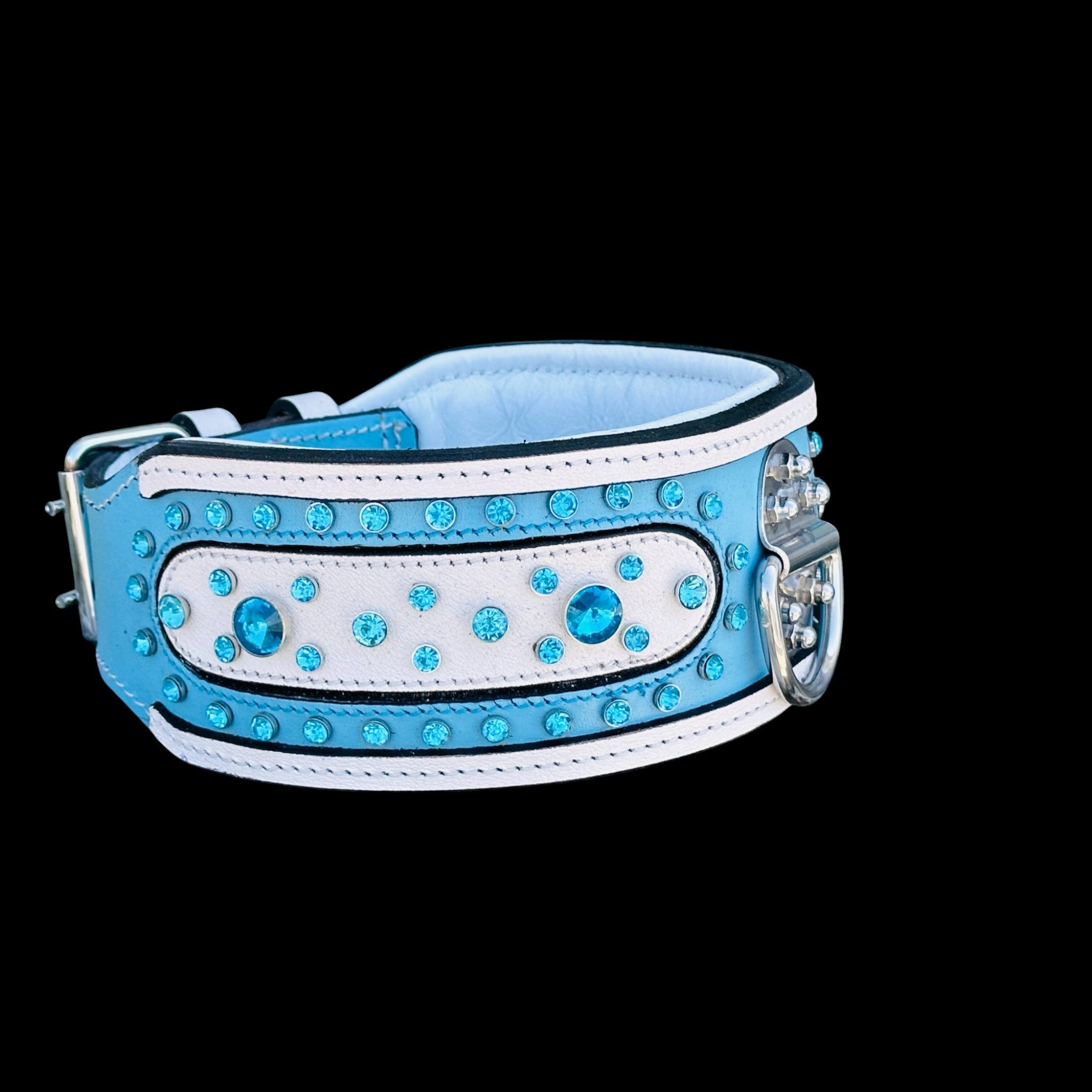 Handcrafted Turquoise Crystal Dog Collar – Wide & Thick Leather Design with Steel D-Ring for Cane Corso, Rottweiler, Doberman, Kangal, American Bully - A&C Dog Collars