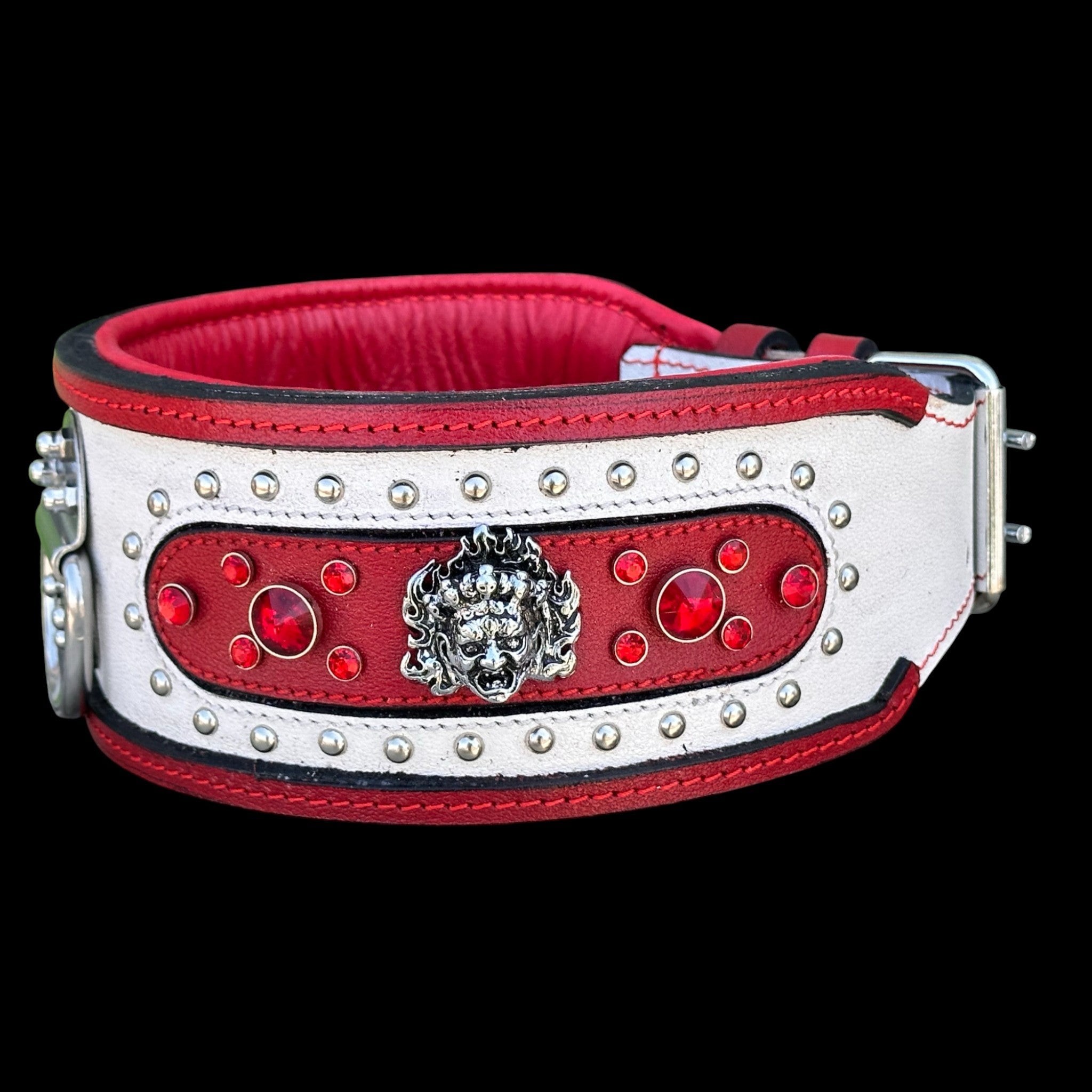 Extra Wide 3.15 Inch Handmade Dog Collar – Red & White Premium Crystal Stones - A&C Dog Collars
